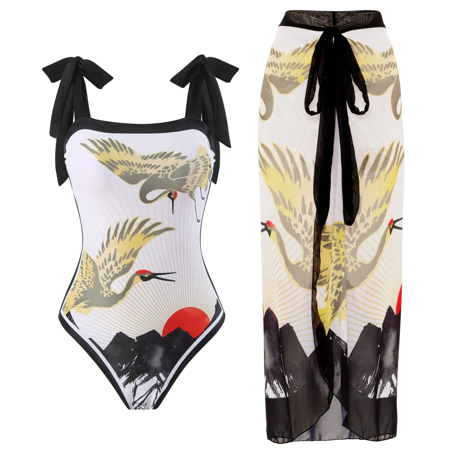 Women's retro floral one-piece swimsuit with chiffon skirt in multiple colour patterns