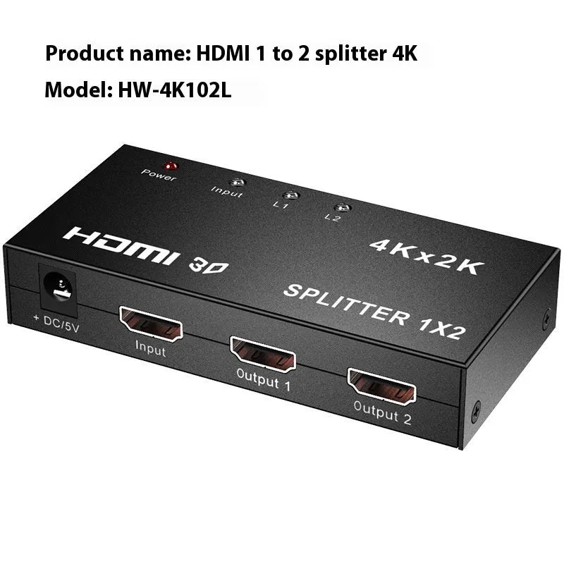 HDMI splitter device distributing 4K video to two displays with multiple power interface options