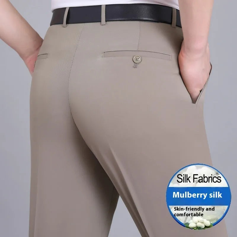 Men's dark blue straight-leg business trousers with a high waistband on a hanger.