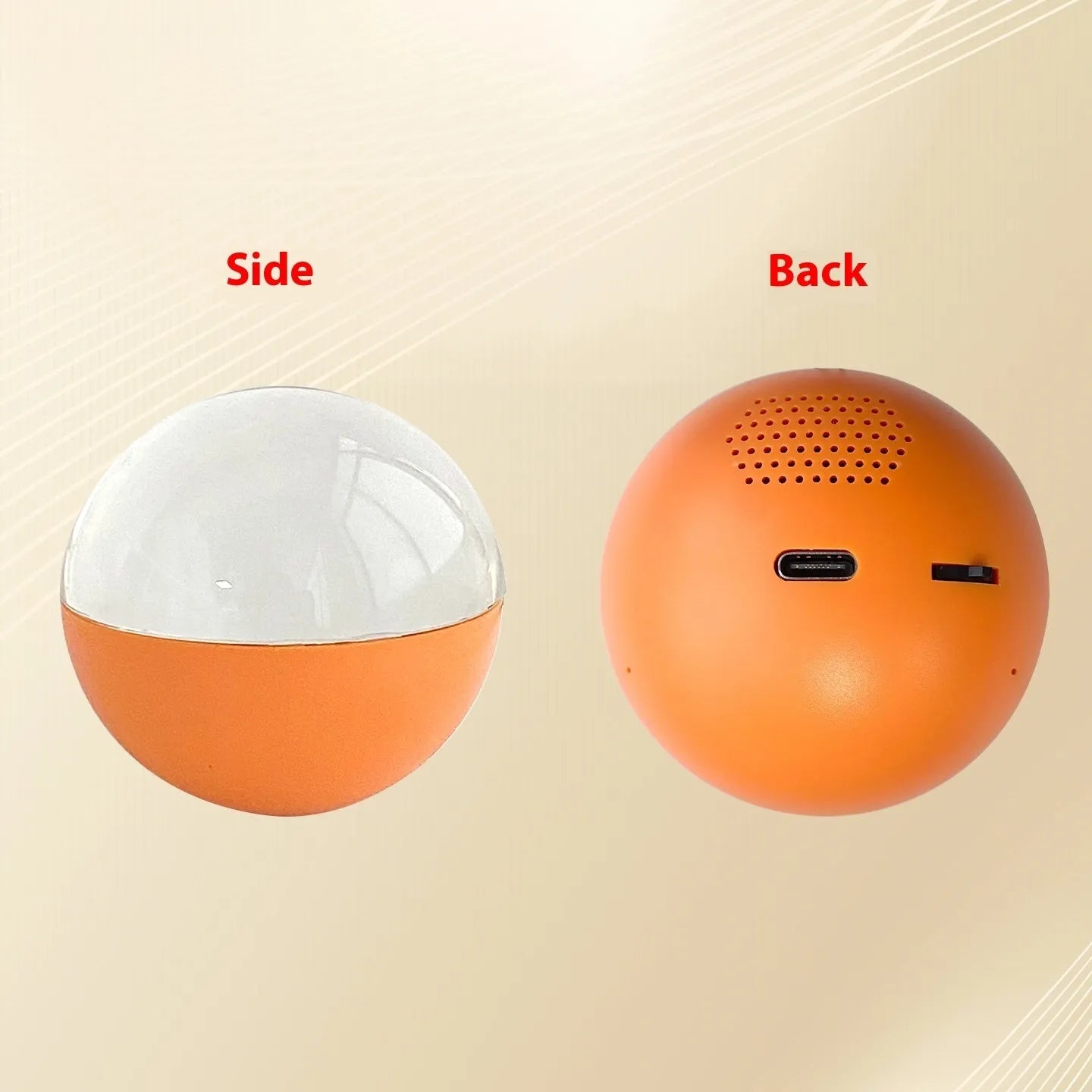 Spherical electronic video player with a round colour screen in orange, blue, white, pink, or black.