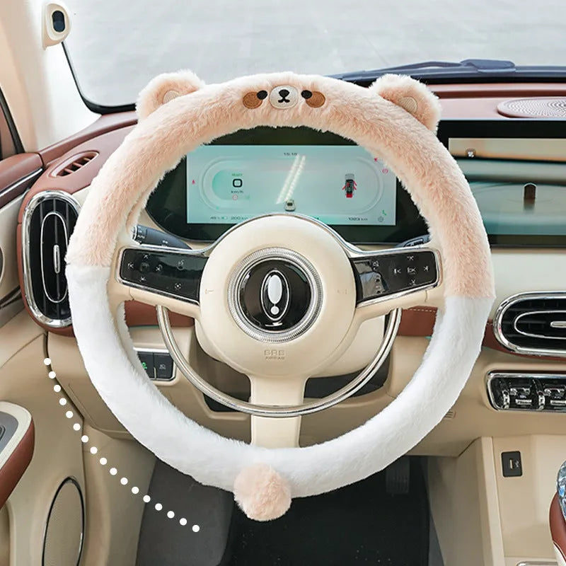 38cm plush thermal car steering wheel cover with embroidered cartoon animal designs