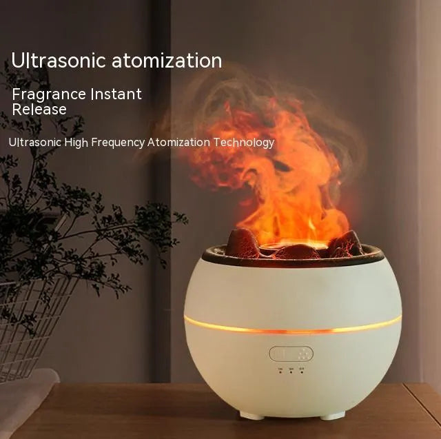 Flame aroma diffuser with timer, 300ml water tank, black crack style, on a wooden desk, with visible USB cable