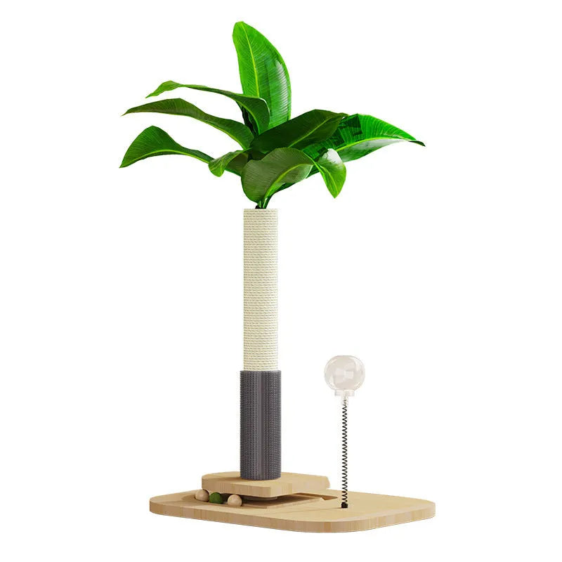 Wooden cat scratching post with canna colour finish and chamfered edges, includes food drop ball toy