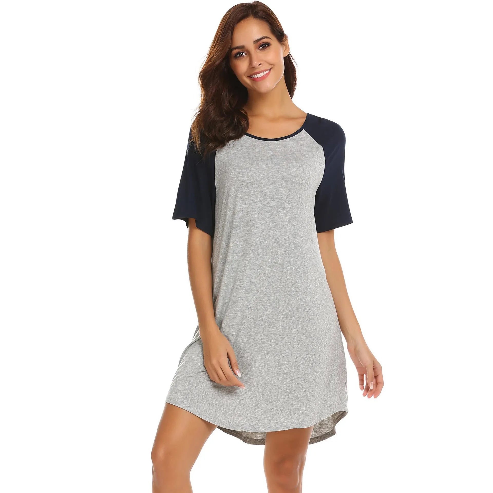Women's double brushed milk silk nightdress with colour contrast patchwork sleeves in ash or grey.
