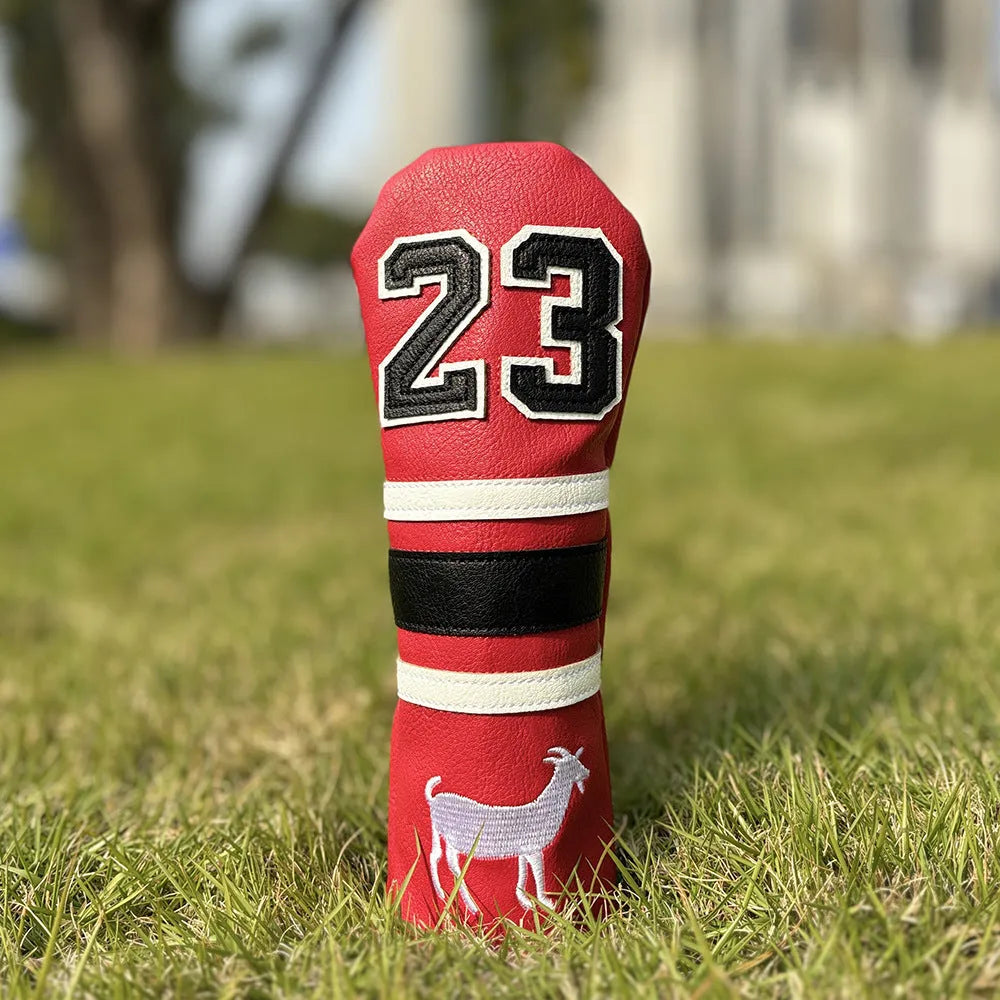 Ram No 1 golf club headcover set showing red, black, white, and yellow PU iron covers and a square putter sleeve.