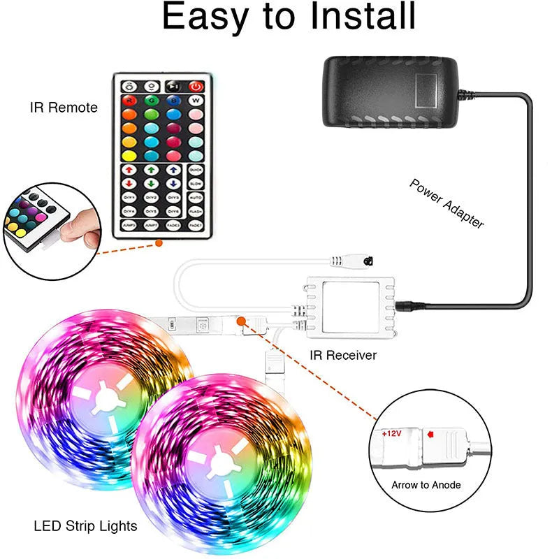 Roll of flexible RGB LED strip light with Bluetooth controller and power adapter on a table
