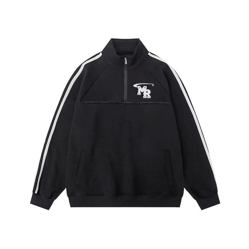 Black men's Hong Kong style hoodie with a stand collar and long sleeves on a mannequin