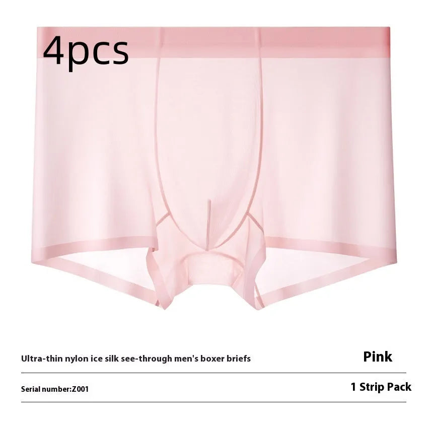 Seamless Ice Silk men's boxer briefs in white, shown flat to highlight traceless construction.