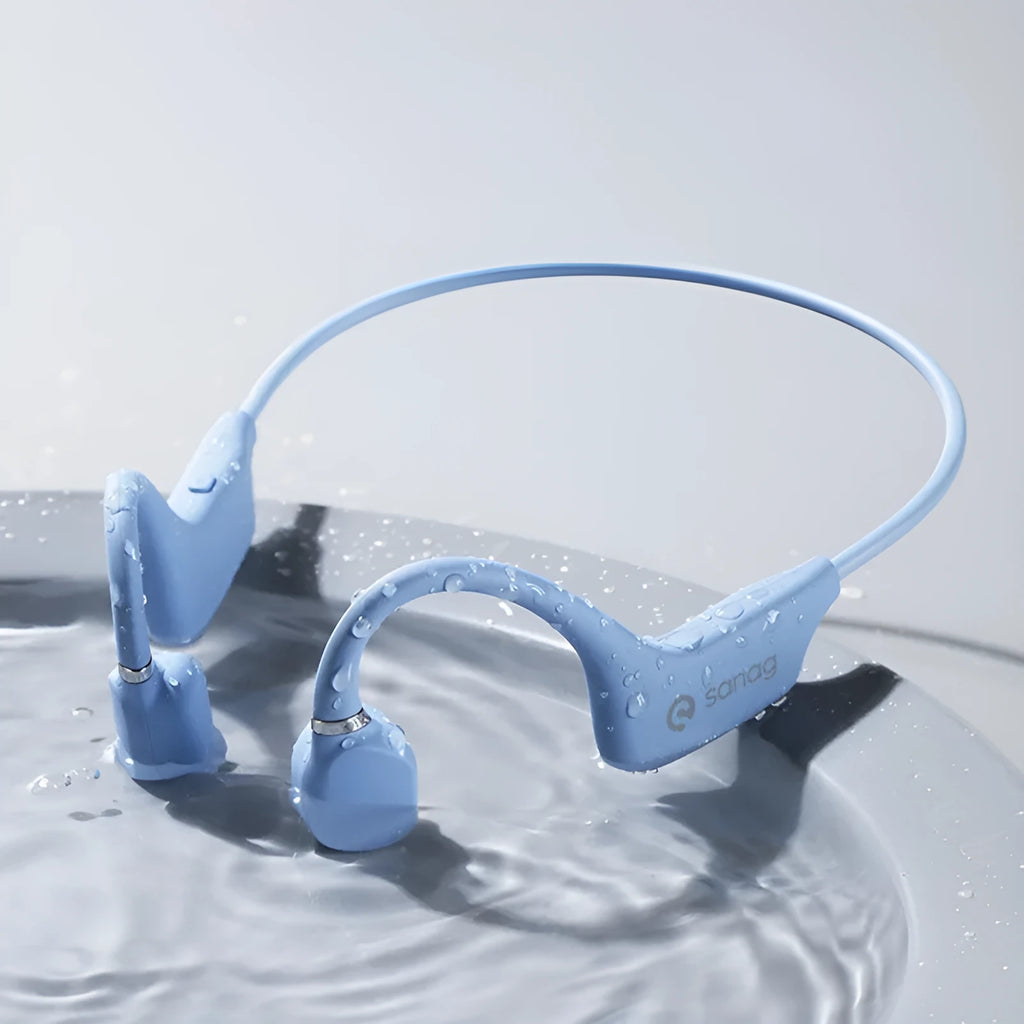 Bone conduction Bluetooth sports headphones with a neckband, shown in multiple colours including red and blue.
