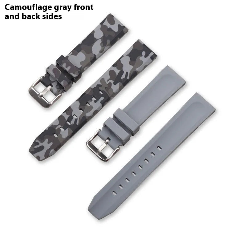 Green camouflage silicone watch strap showing flat head design and buckle.