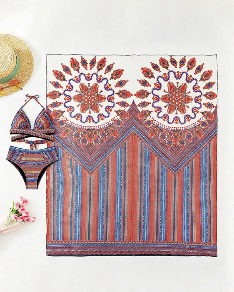 Women's three-piece swimsuit set showing high-waisted briefs, cutout sleeveless blouse and matching coat in pictured colour