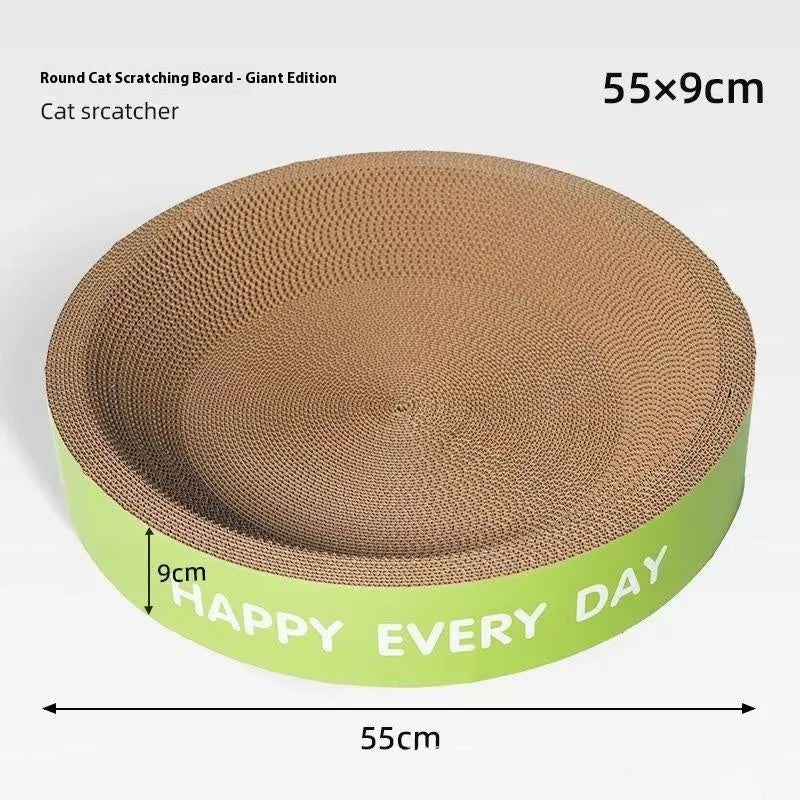 Green round cat nest with integrated scratching surface, shown in 50cm and 55cm size options.