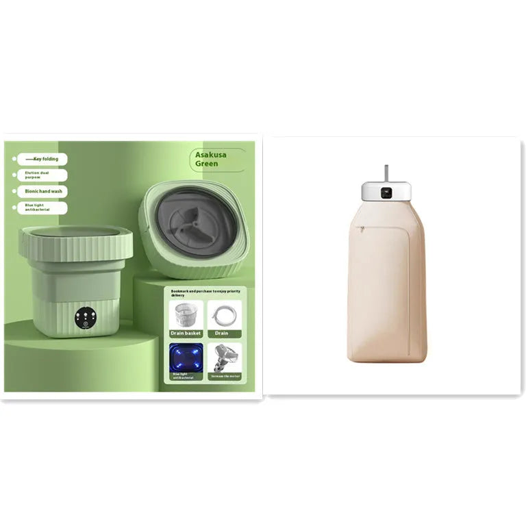 White cylindrical compact foldable laundry dryer with remote control on a table.
