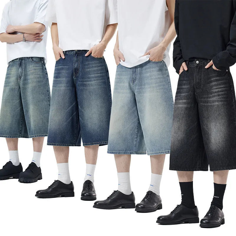 Men's loose straight-leg denim shorts in light blue colour showing cropped length and casual styling