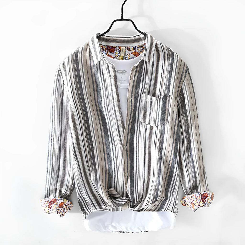 Men's red and grey striped linen shirt with long sleeves and loose fit