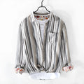 Men's red and grey striped linen shirt with long sleeves and loose fit