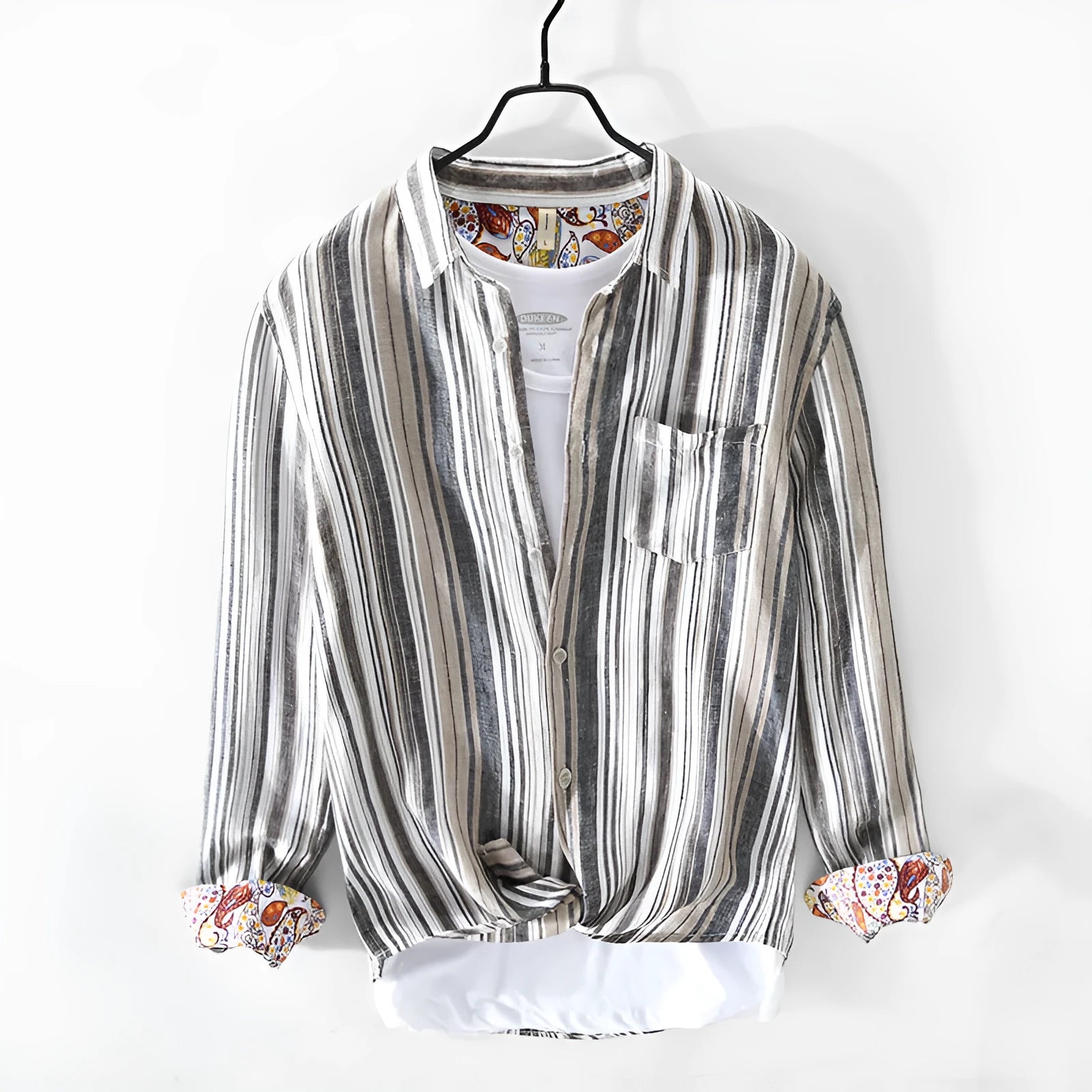 Men's red and grey striped linen shirt with long sleeves and loose fit