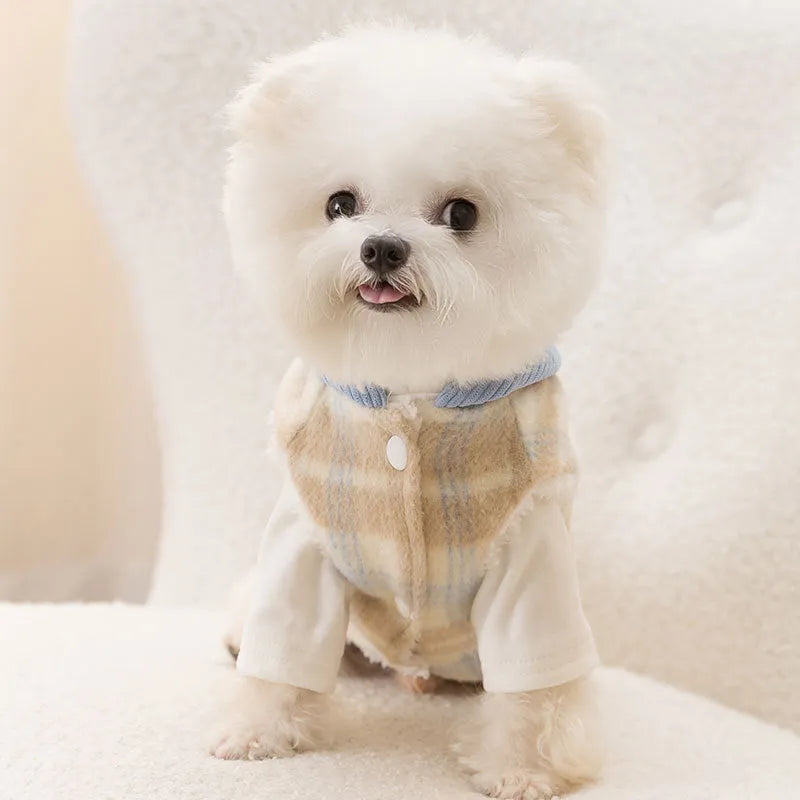 Blue corduroy dog hooded vest with a chessboard grid pattern and traction detailing.