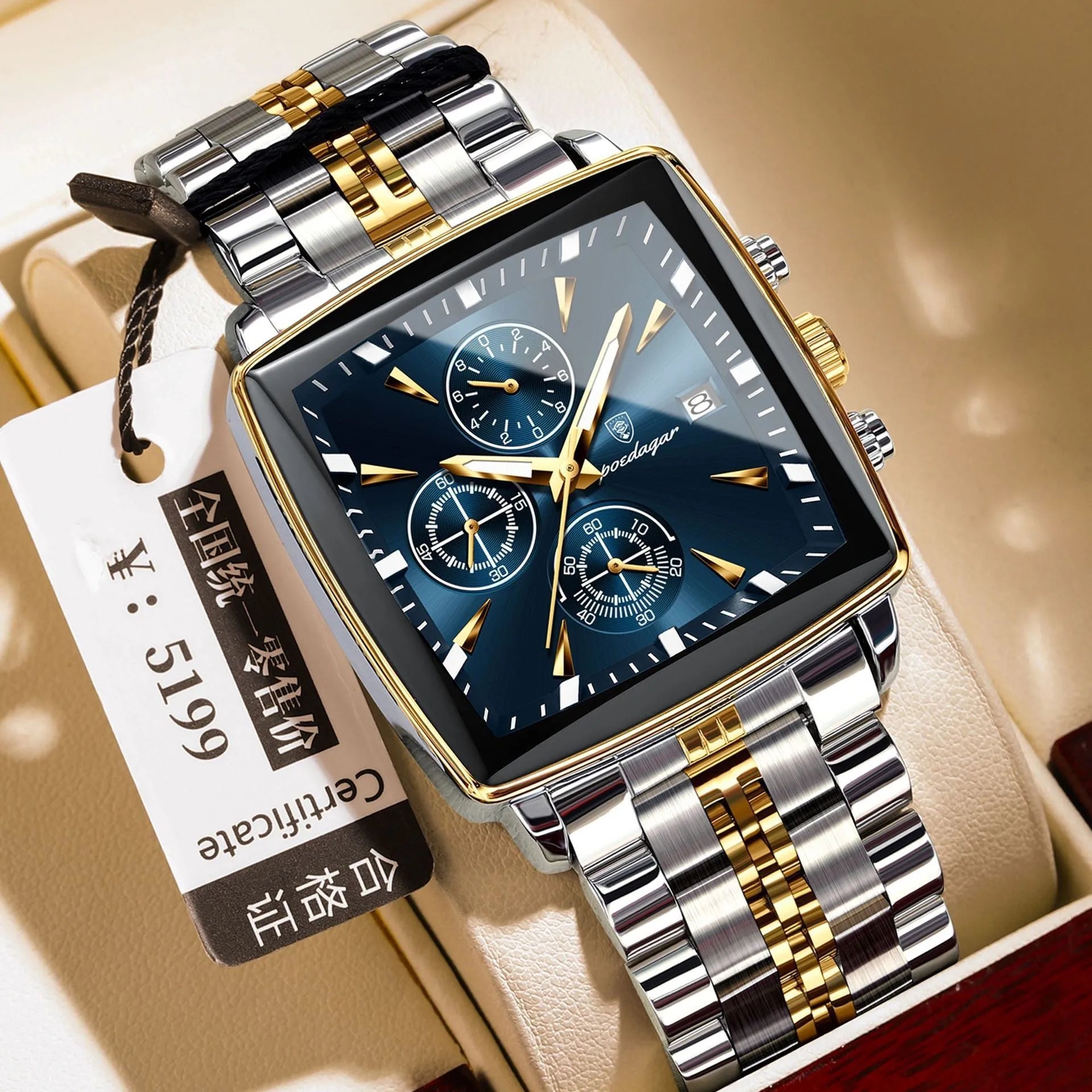 Square men's business quartz watch with stainless steel band and butterfly buckle in gold and blue colour combination.