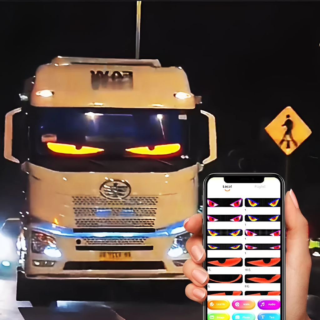 Flexible LED car windshield display showing dynamic eyes, 1280x155mm size, USB powered 5V