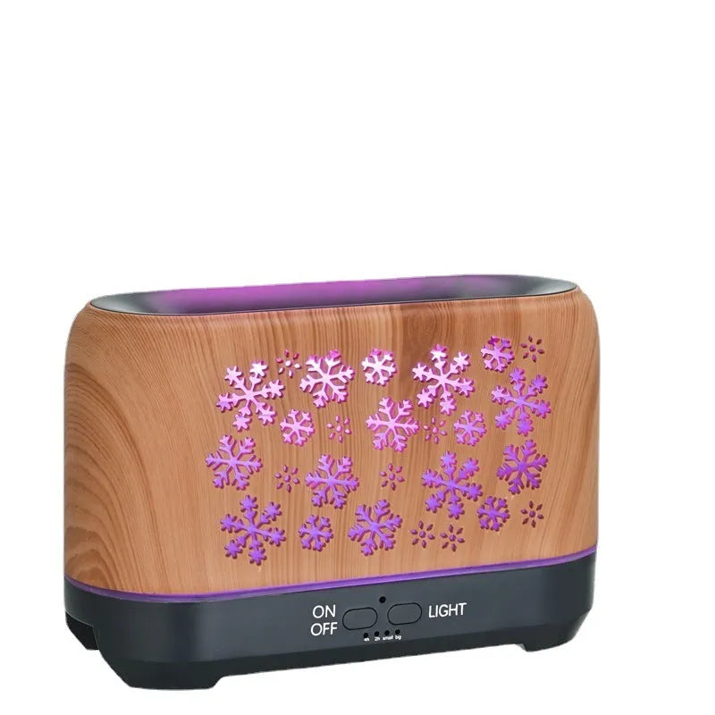 Wood grain snowflake pattern desktop humidifier with 7 colour flame effect and remote control