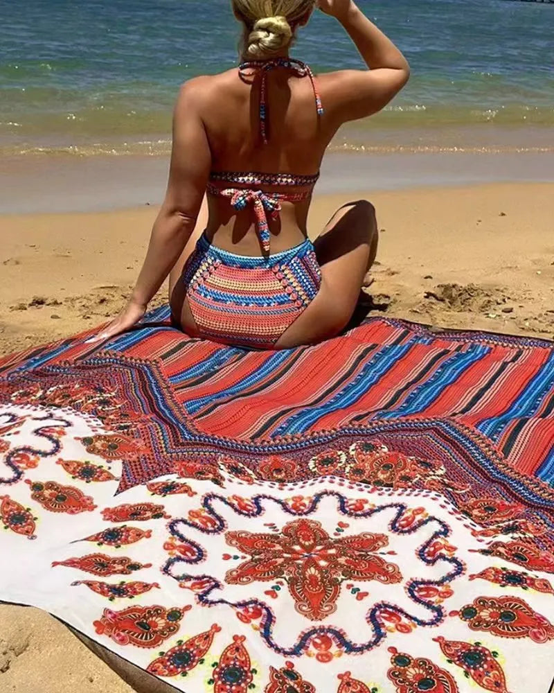 Women's three-piece swimsuit set showing high-waisted briefs, cutout sleeveless blouse and matching coat in pictured colour