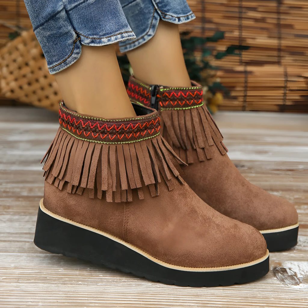 Women's black suede wedge boots with a side zipper and thick platform sole