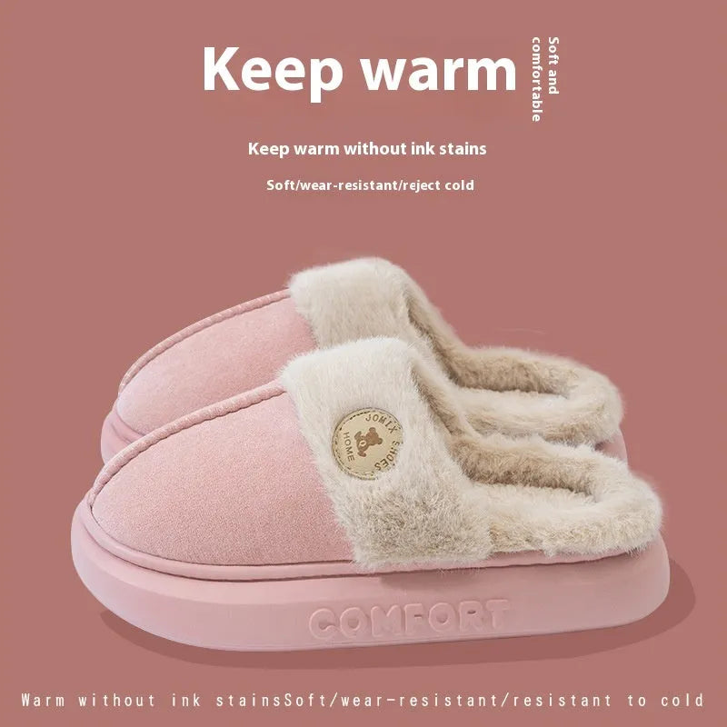 Pair of thick-soled fleece slippers in multiple colour options on a white background.