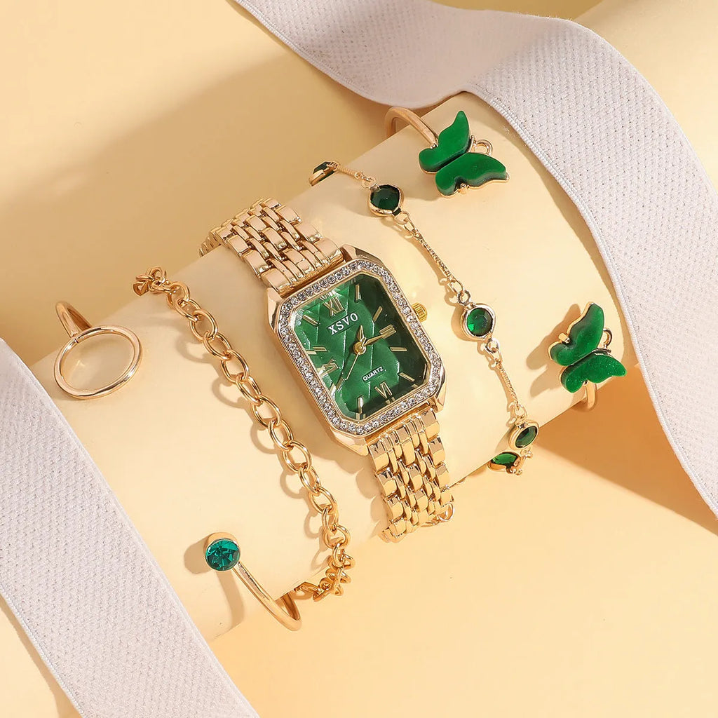 Gold Green square alloy watch and four matching butterfly bracelets laid out as a five-piece set.