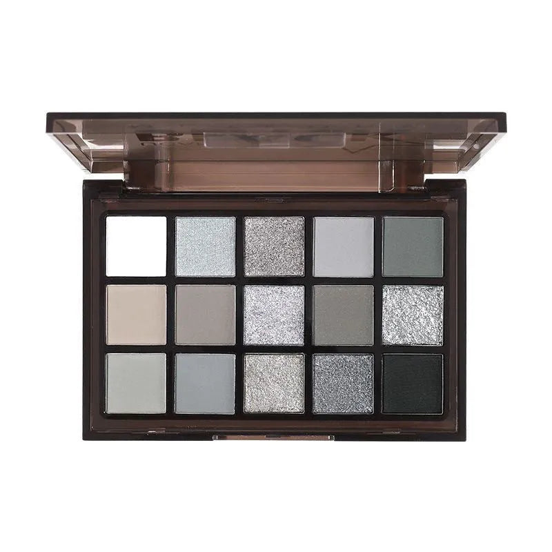 Easy To Colour 15 pan eyeshadow palette with shimmer and matte brown blue earth tones.