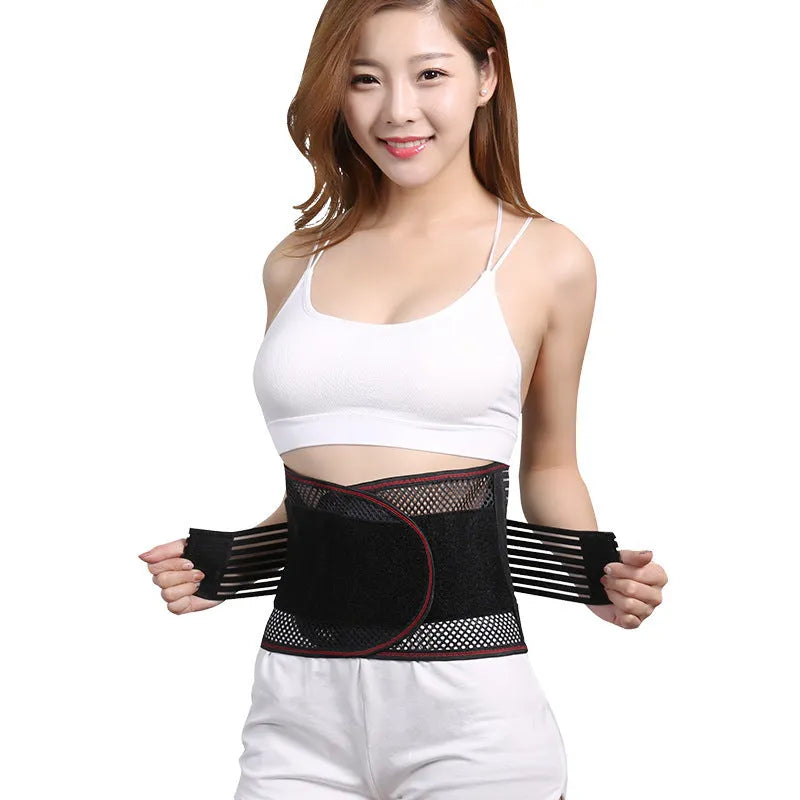 Black breathable sports waist support with internal steel plate for lumbar decompression during fitness and running.