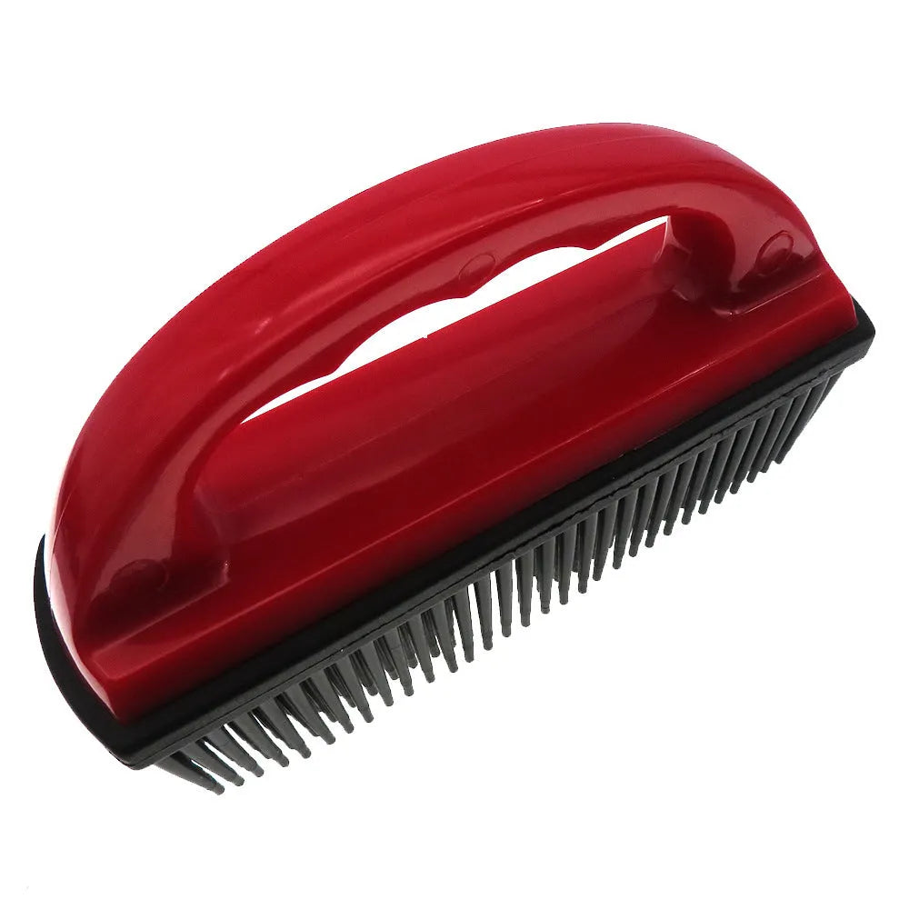 Red pet hair removal brush for grooming and carpet cleaning, dimensions 160mm by 85mm