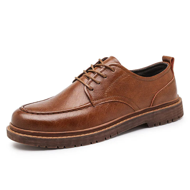 British casual leather shoes with round toe, two-layer cowhide upper and flat rubber sole