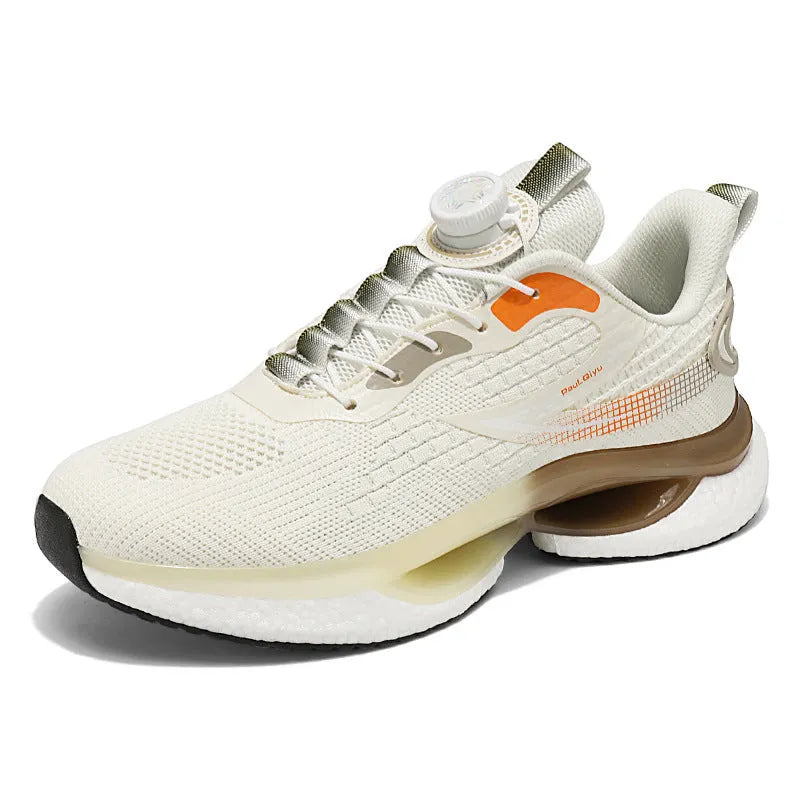 Men's white Korean-style running shoes with rotating button fastening and mesh upper