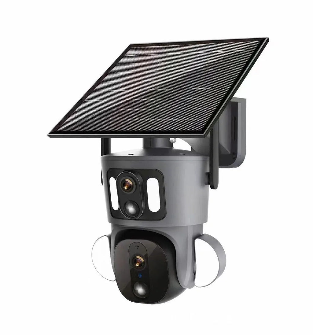 Solar-powered wireless surveillance camera with three-screen monitoring capability