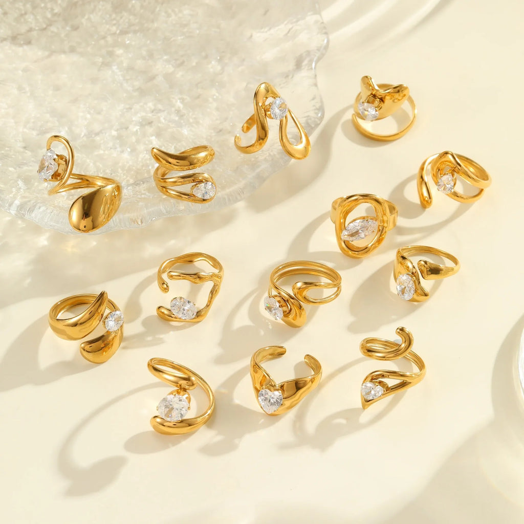 Adjustable geometric stainless steel ring showing open mouth design and colour variations