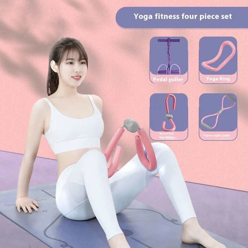 Four-piece yoga fitness set with leg stretcher, pedal device, ring, and tension rope for home exercise.