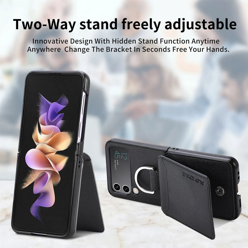 Samsung Z Flip phone case in black with ring bracket and magnetic back, shockproof PC design