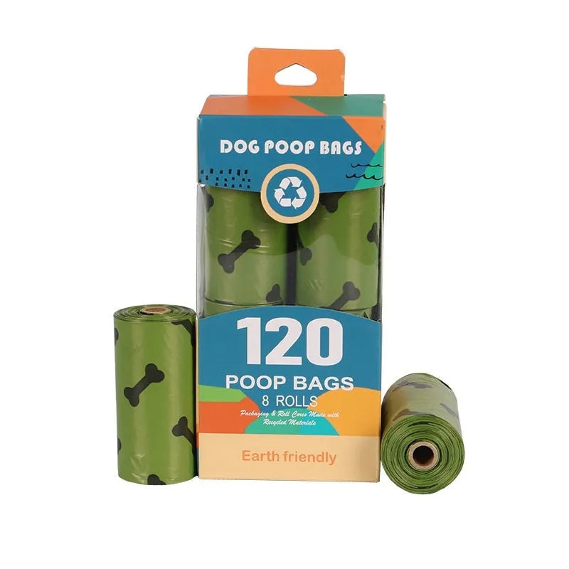 Military green degradable dog poop bags with black bone pattern measuring 23x33cm