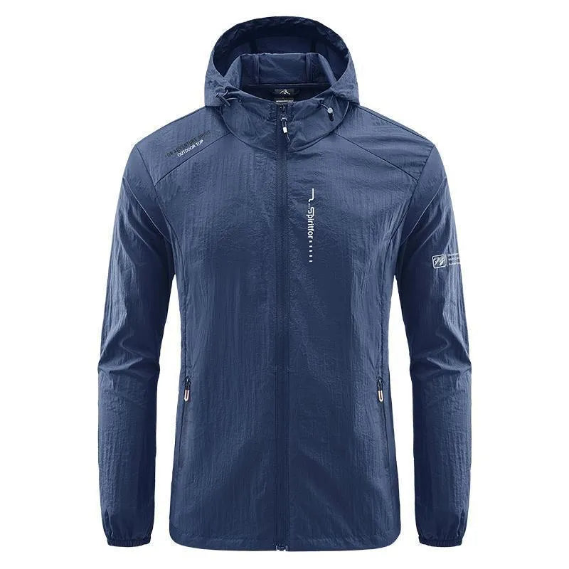Men's hooded summer jacket in thin nylon fabric, loose fit, available in light grey, dark grey, black, dark blue, and denim blue