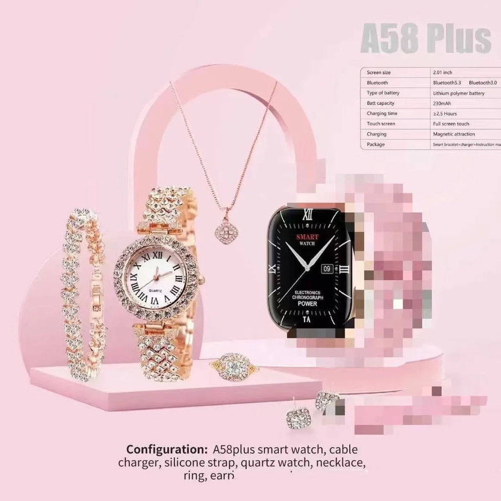 A58plus smart watch on wrist showing interface, with colour options of black, gold, silver, grey, and beige.