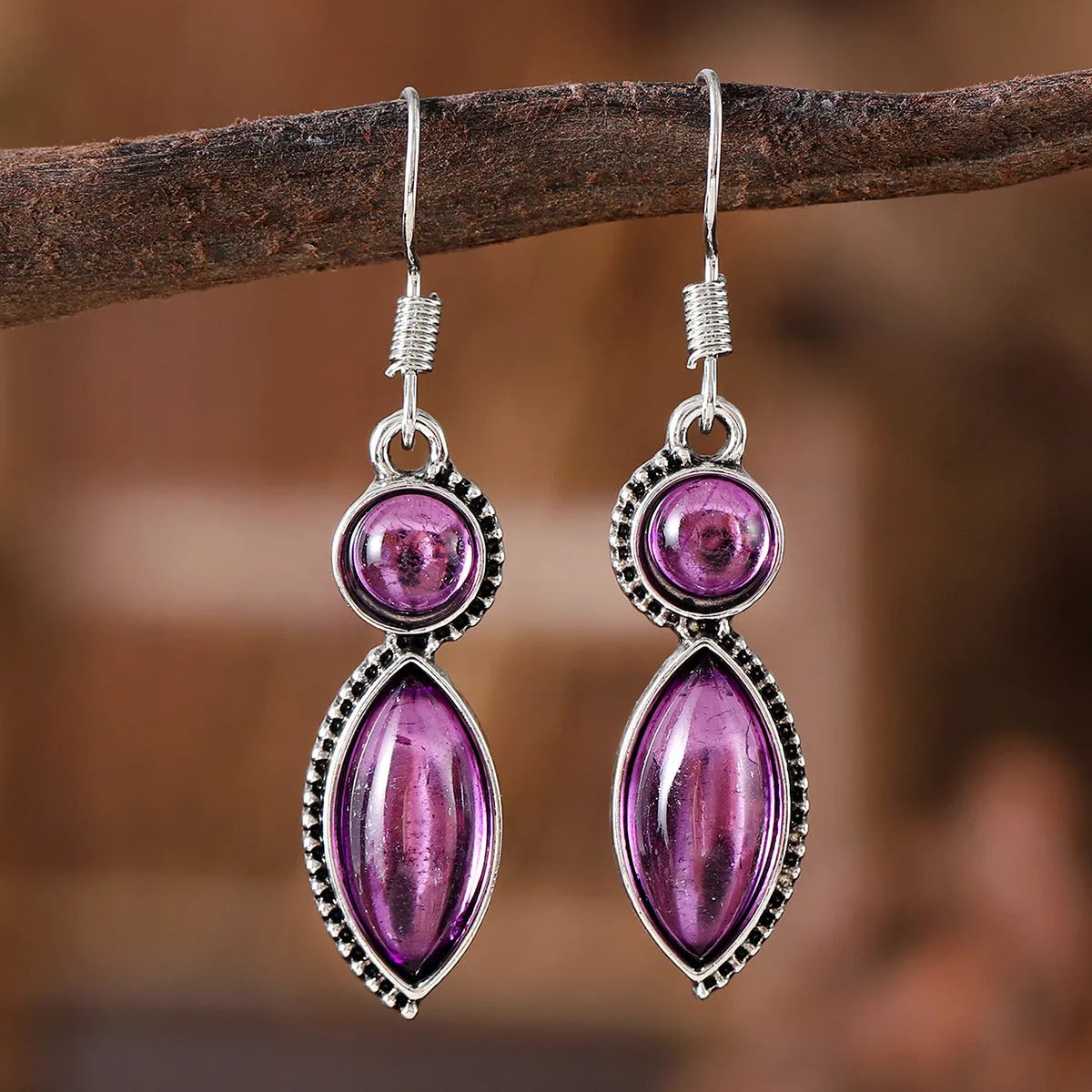 Vintage geometric pendant earrings black purple zinc alloy electroplated bohemian jewellery