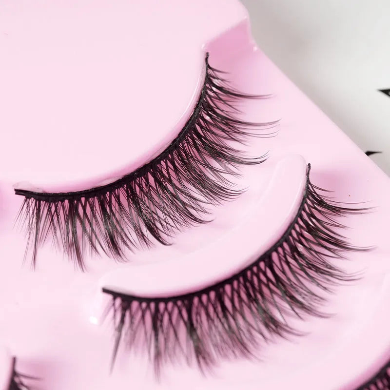 Pack of manga anime style false eyelashes showing three natural wispy designs for Korean makeup and cosplay