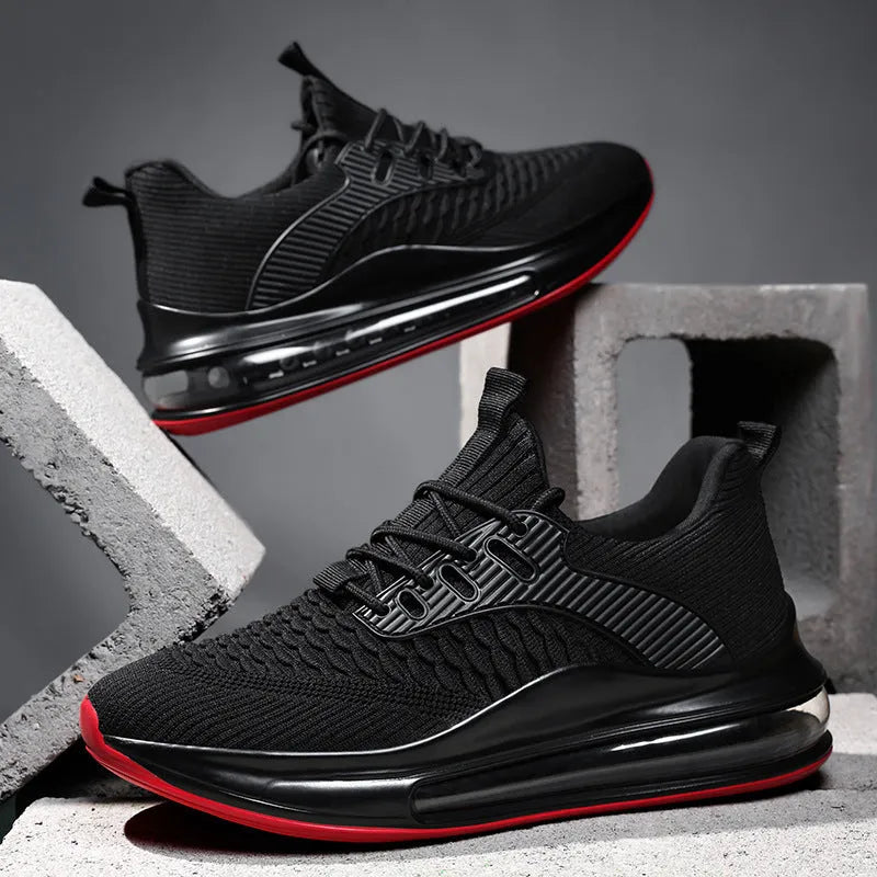 Men's black mesh running shoes with round toe and lace-up front for summer sports