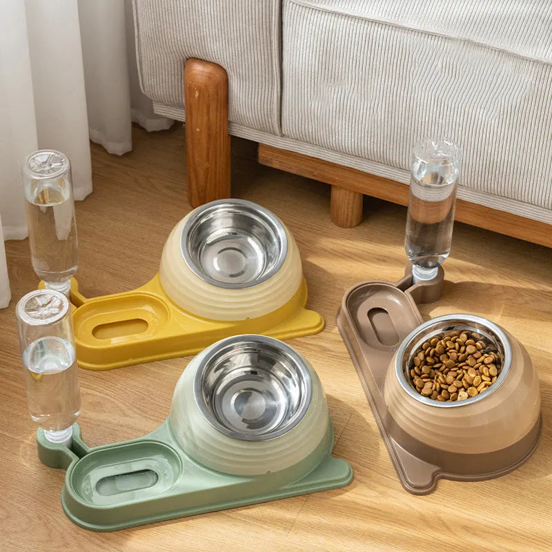 Elevated cat food bowl with water dispenser bottle in green colour