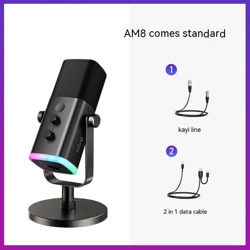 Dynamic noise reduction microphone in black, pink, or white with XLR cable, data cable, and desk base