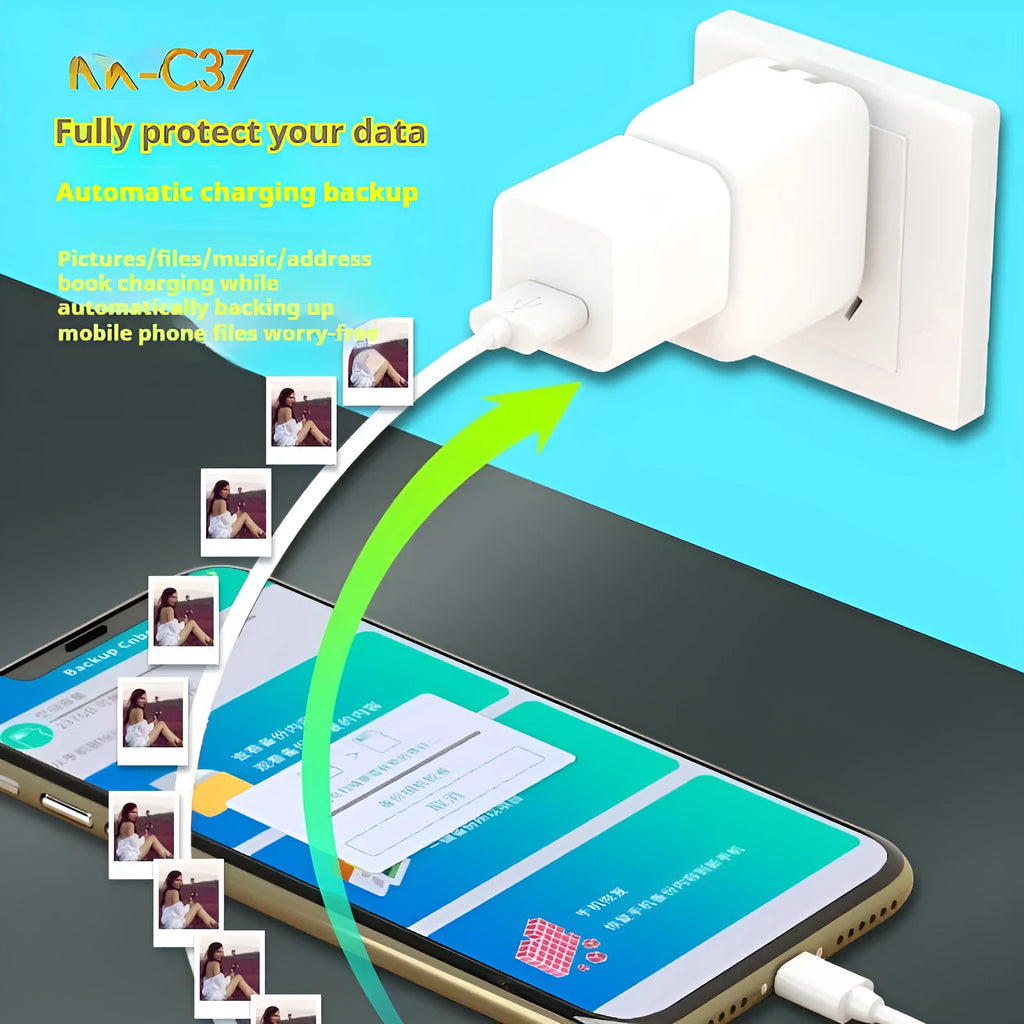 Automatic backup device in white colour with common interface for Apple Android phones