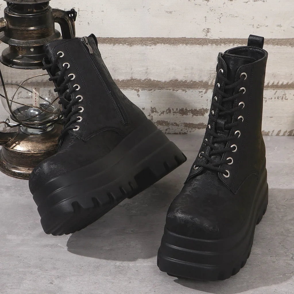 Women's retro platform Martin boots in black with patchwork round toe and side zipper