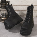 Women's retro platform Martin boots in black with patchwork round toe and side zipper