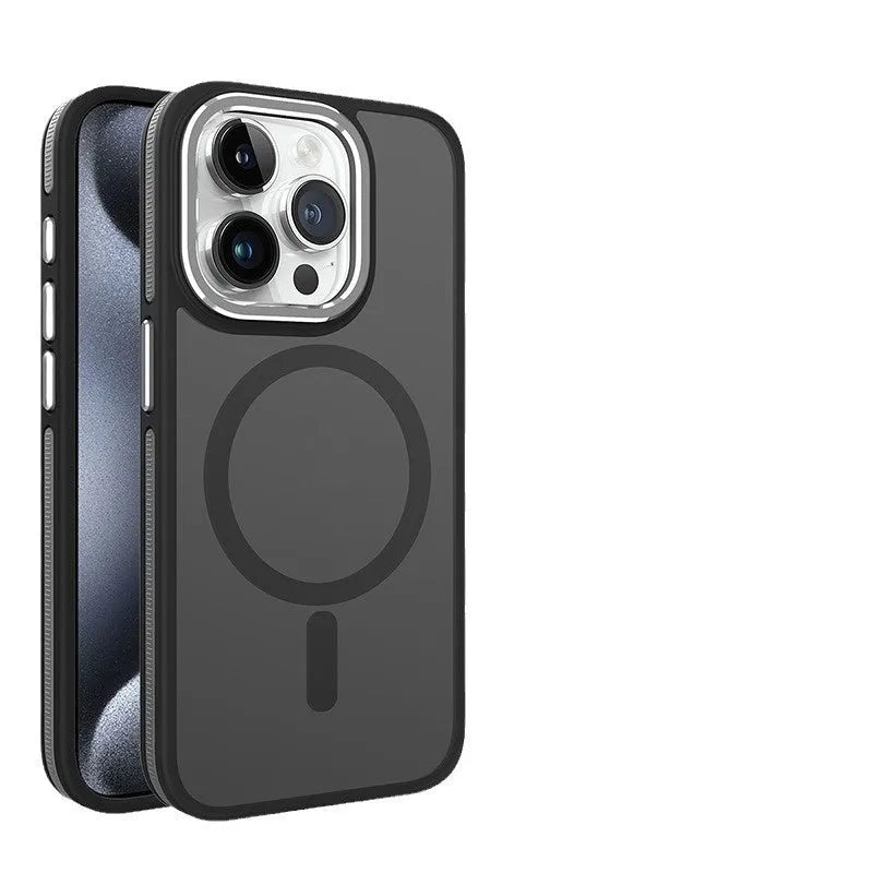 Frosted magnetic TPU phone case for iPhone 14 Pro Max with metal lens ring in black